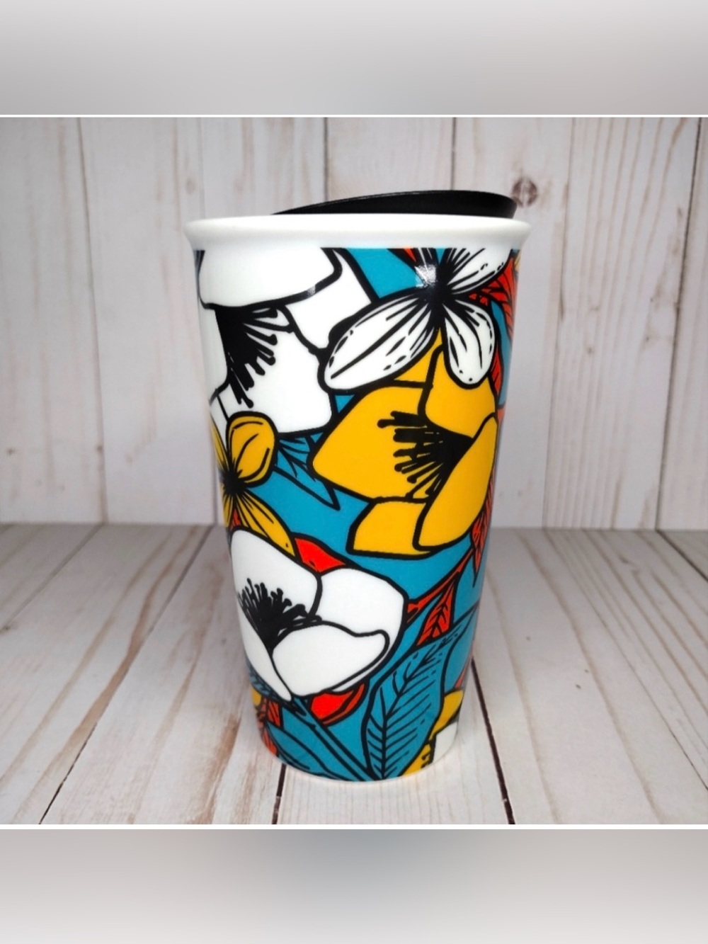 New Starbucks Blue Poppy
Flower Floral Ceramic Traveler
Tumbler Coffee Cup 12 oz